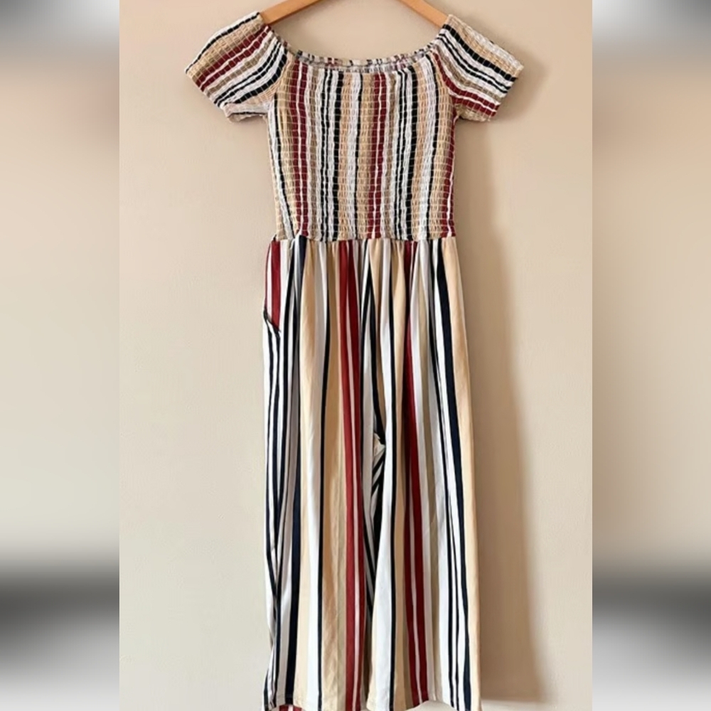J for Justify Striped Off-Shoulder Jumpsuit